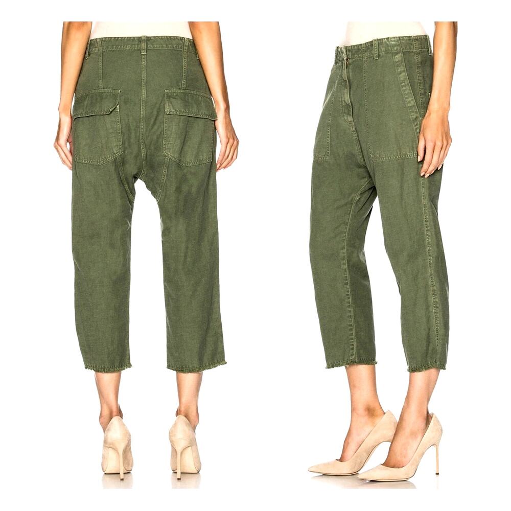 Nili Lotan 0 Linen Luna Pants $380 Slouchy Cropped Cotton Casual Army Green NWT